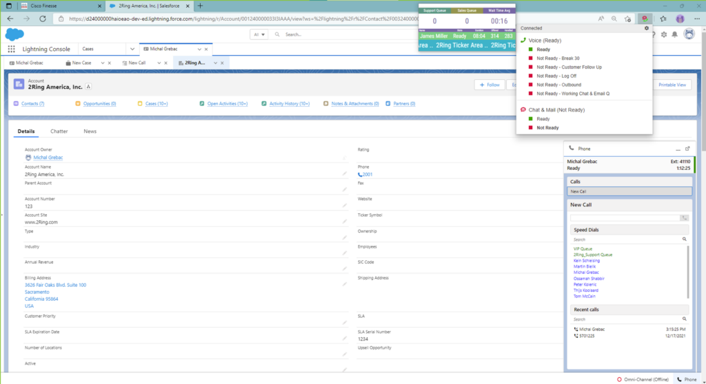 Image of Salesforce CRM with 2Ring Gadgets for Cisco Finesse Integration