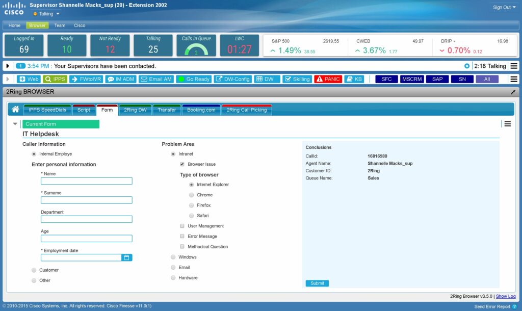 2Ring Scripts and Forms in Cisco Finesse