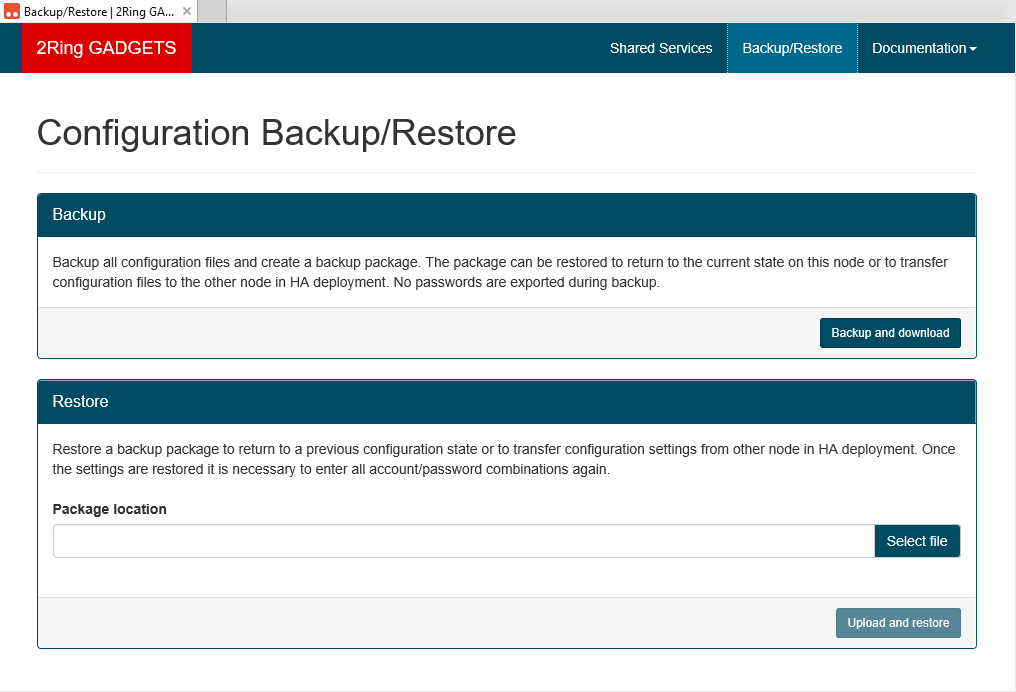 Configuration of Backup/Restore Functionality