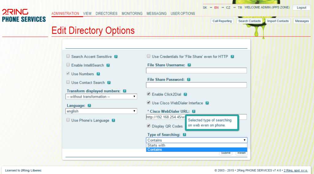 Editing Directory Options View