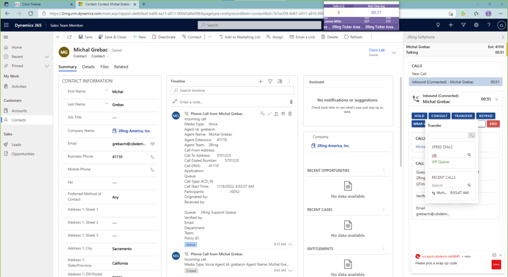 Another example screenshot of the softphone integration in MS Dynamics