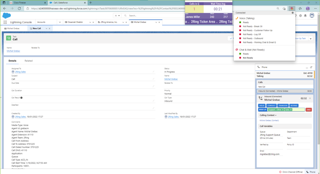 Another example screenshot of the softphone integration in Salesforce