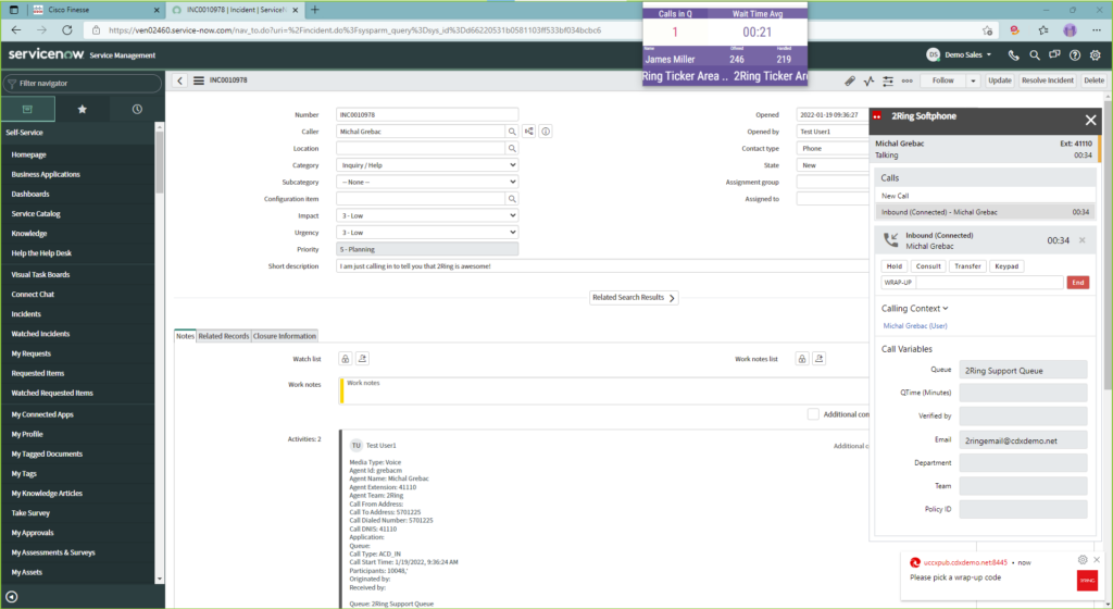 Another example screenshot of the softphone integration in ServiceNow