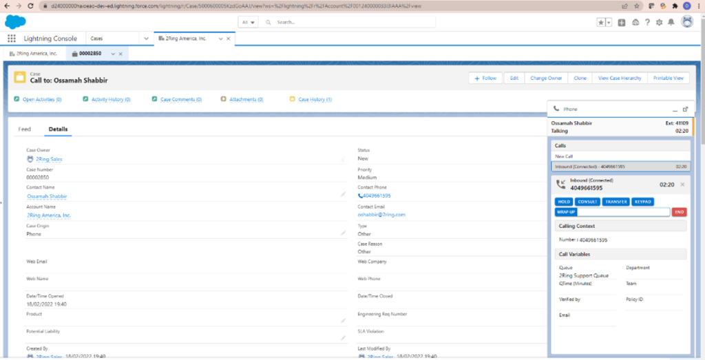 Screenshot of Salesforce CRM with 2Ring Gadgets for Cisco Finesse Integration