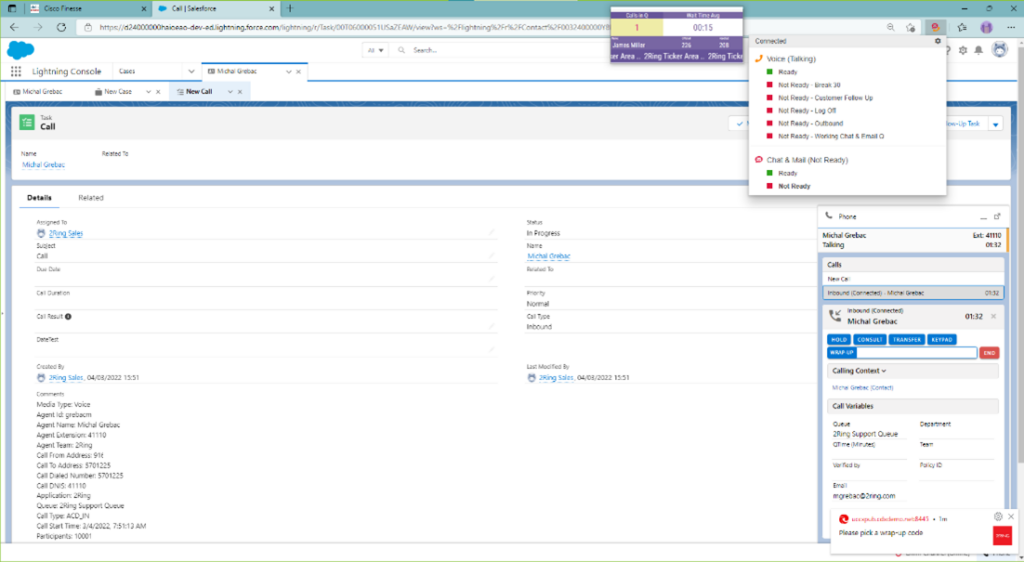 Another Screenshot of Salesforce CRM with 2Ring Gadgets for Cisco Finesse Integration