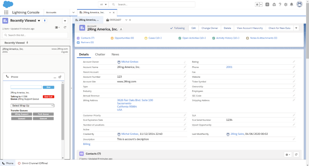 2Ring Softphone App in Salesforce Lightning Console