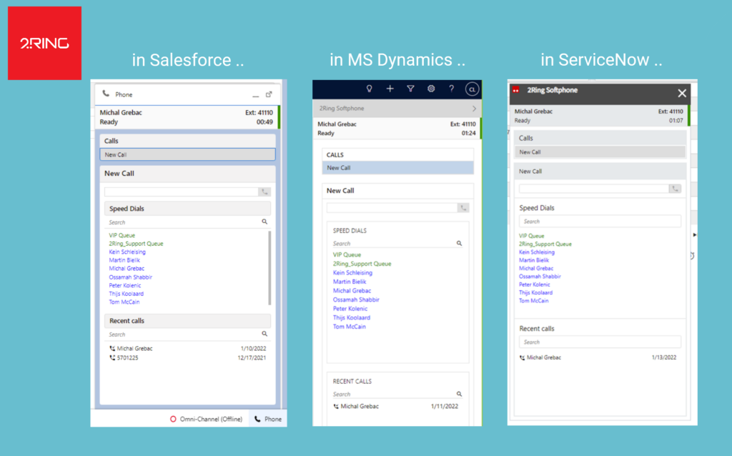 Image of integration of 2Ring Softphone clients in Salesforce, MS Dynamics, and ServiceNow