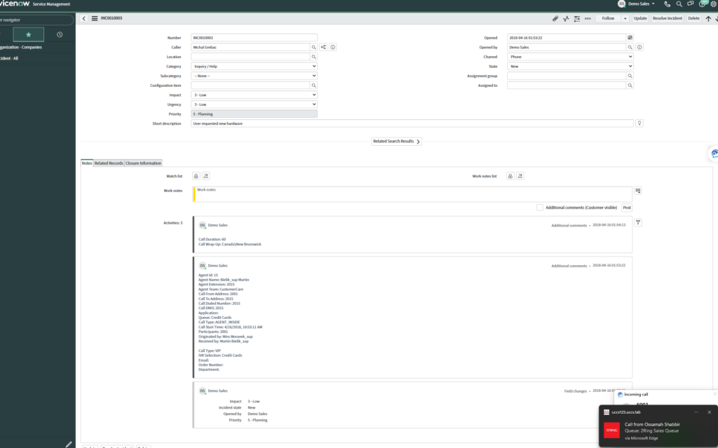 View of ServiceNow CRM