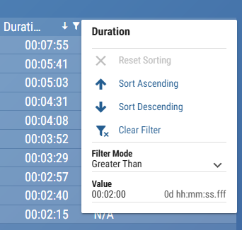 Filter in Columns Showing Time / Duration